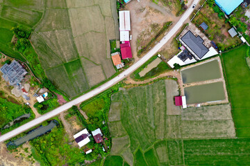 Scenic aerial view above the road and rice field