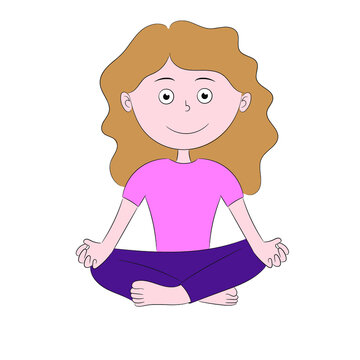Cartoon girl sitting in lotus position, isolated on white background, vector image