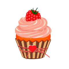 Cupcake with pink cream and raspberries.Sweet dessert wrapped with a bow and a heart.Yummy cake decorated with berries drawn in cartoon style.Isolated vector illustration.
