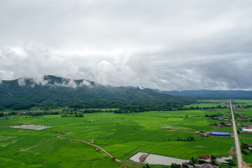 Scenic view of  green field against mountain in cloudy sky
