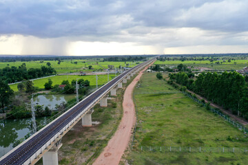 Fototapeta na wymiar Aerial view of railway bridge part of Laos - China medium speed train from China border to Vientiane capital.