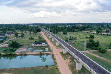 Aerial view of railway bridge part of Laos - China medium speed train from China border to Vientiane capital.