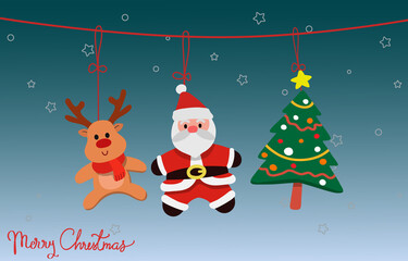 Christmas Toy santa, tree, reindeer hanging. Concept of Christmas. Holiday, New year. Vector illustrations on blue background.
