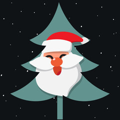 Head Santa funny in Christmas Tree. Concept of Christmas. Holiday, New year. Vector illustrations on black background.
