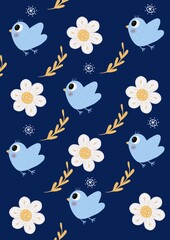 Blue and yellow pattern with bird and flowers 