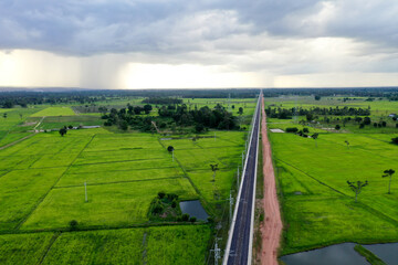 Aerial view of railway bridge part of Laos - China medium speed train from China border to Vientiane capital.