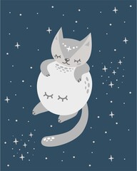Obraz na płótnie Canvas A cute cat sleeps in an embrace with the moon. Childrens illustration. Night sky and stars. Vector illustration for print on baby clothes.