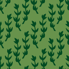 Seamless pattern with dark green branches on cute green background. Vector image.