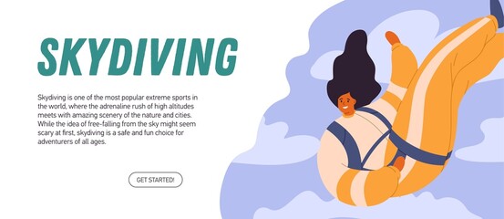 Ad banner template of skydiving club. Promo background design with person during free fall. Web-site header for parachute sports and sky-diving activity promotion. Flat graphic vector illustration