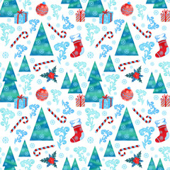 Christmas seamless pattern on white isolated background for wrapping paper, fabric, wallpaper. Watercolor illustration