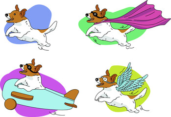 hand drawn flying cartoon Jack Russell Terrier Dog set