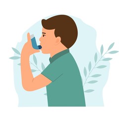 Little Boy uses an asthma inhaler against attack. World asthma day. Allergy,Bronchial asthma kids.Vector  illustration