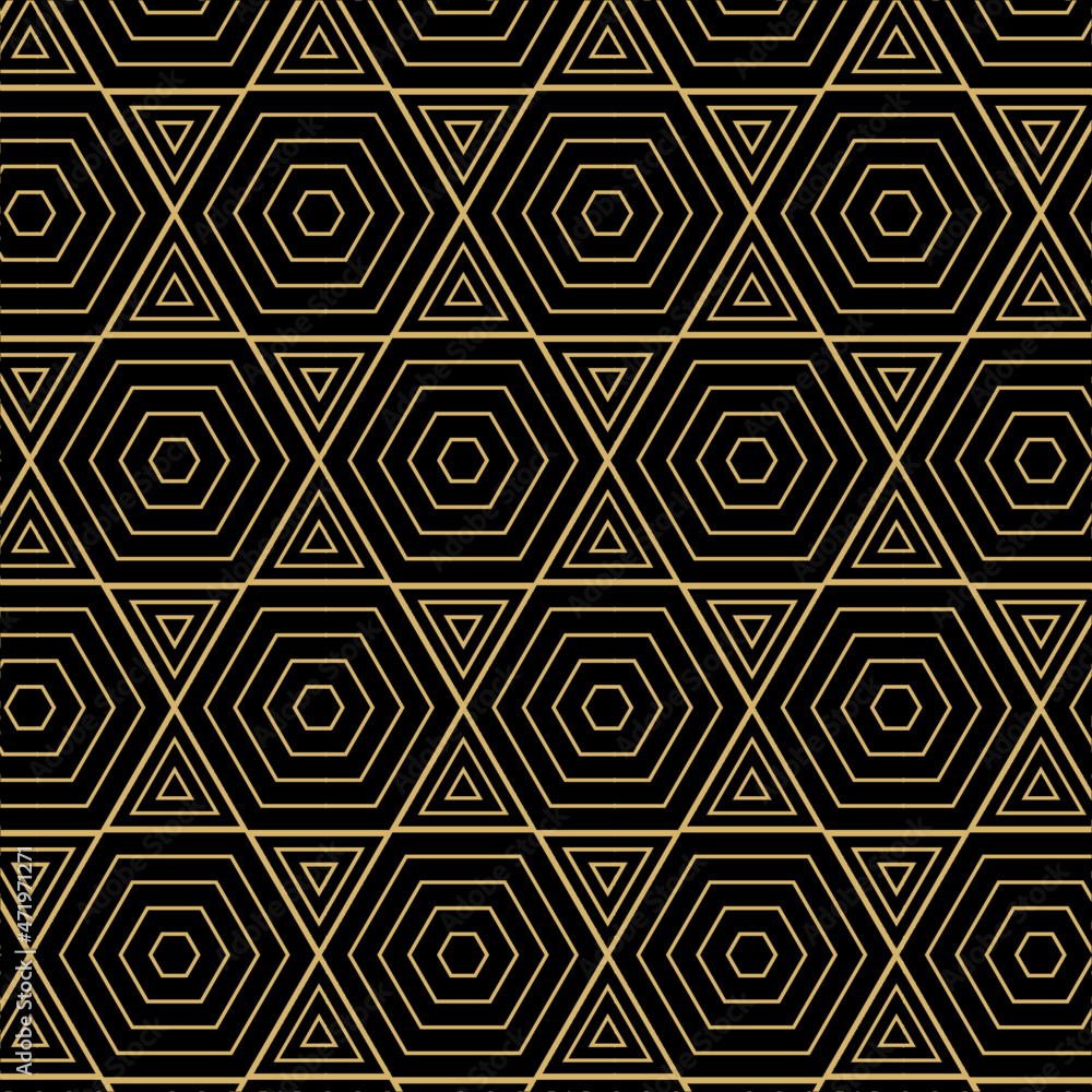 Poster Background pattern seamless geometric abstract gold triangles and hexagons  luxury color vector. Black background art deco design.