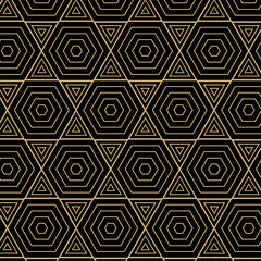 Background pattern seamless geometric abstract gold triangles and hexagons  luxury color vector. Black background art deco design.