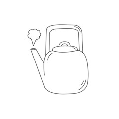 Metallic line art kettle with hot steam. Kitchen utensil. Doodle flat style. Isolated vector illustration 
