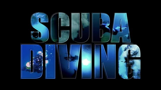 Scuba Diving Video Montage -  Animated Text On Black Background. Open Water Diving. Scuba Diver Jumping Off Dive Boat. Scuba Diver Silhouette Against Sunburst. Cave Diving.