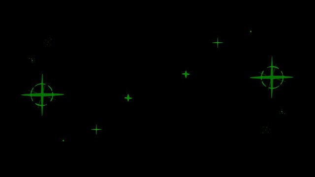 Animation green stars shape sparkles on black background.
