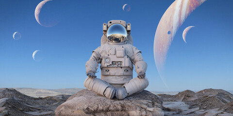 astronaut meditating on the surface of an alien planet © dottedyeti