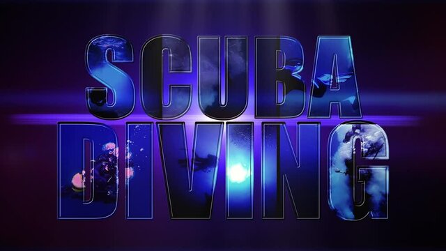 Scuba Diving Animated Text On Blue Background. Open Water Diving. Scuba Diver Jumping Off Dive Boat. Scuba Diver Silhouette Against Sunburst. Cave Diving.