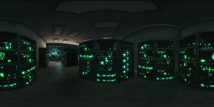 VR360 network server room with computers for digital tv ip communications
