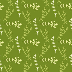 Seamless pattern with yellow and green branches on dark green background. Vector image.