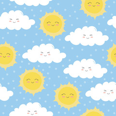 Seamless pattern of colorful smiling clouds and sun on blue background. Cartoon character in flat style.