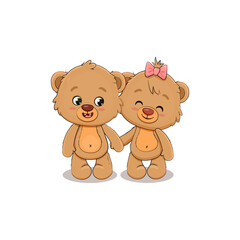 Cute cartoon two teddy bears isolated on a white background. Valentine's Day card