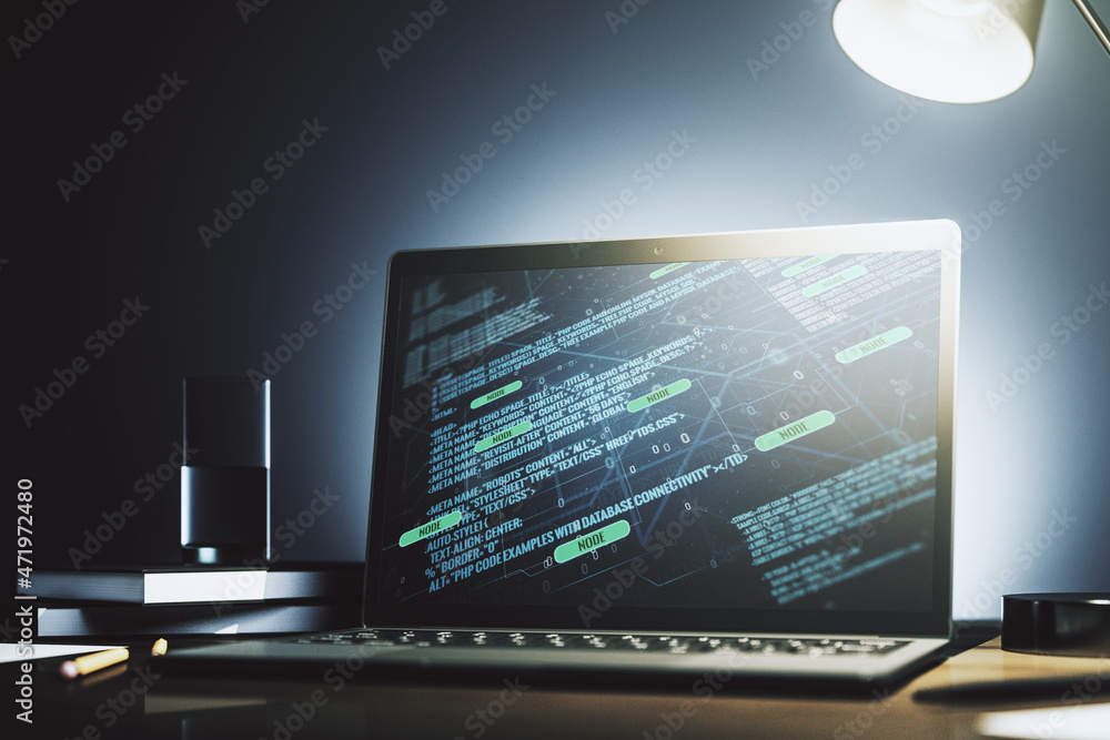 Poster modern computer display with abstract software development hologram, research and analytics concept.