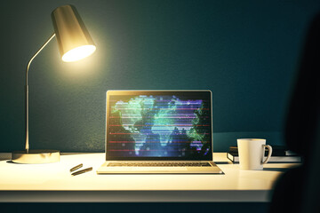 Abstract graphic world map on modern laptop screen, connection and communication concept. 3D Rendering