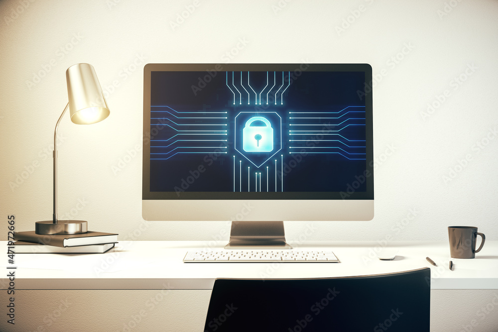 Poster Modern computer monitor with creative lock hologram and chip. Information security concept. 3D Rendering