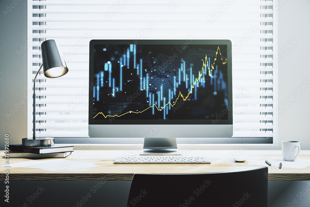 Poster modern computer screen with abstract creative financial chart, research and analytics concept. 3d re