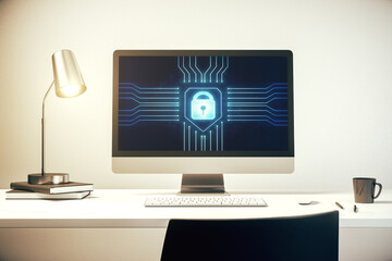 Modern computer monitor with creative lock hologram and chip. Information security concept. 3D Rendering