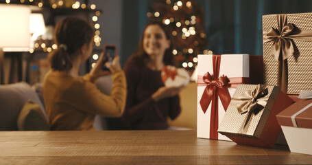 Christmas gifts and sisters spending time together during holidays