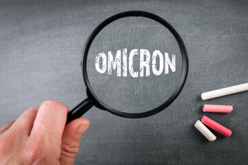 Coronavirus Covid-19 Omicron mutation variant. Magnifying glass in a man's hand