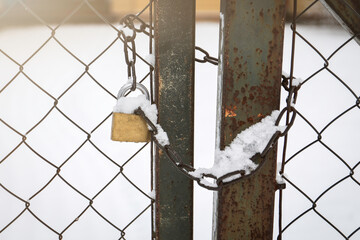 Padlock and chain snowy at the metal fence. Real estate and security