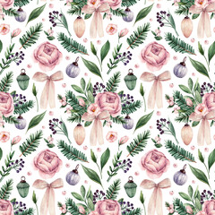 Christmas pattern with flowers in watercolor