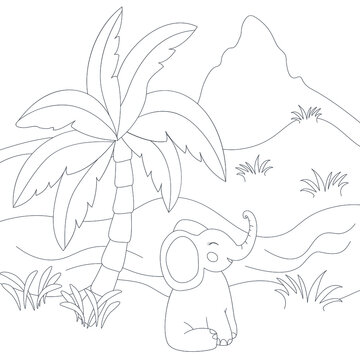 The baby elephant sits under a palm tree in the mountains. Tropic savannah. Black and white vector image. Cartoon style. Coloring. 