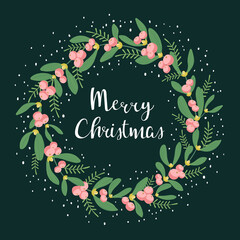 Vector illustration. Christmas mistletoe wreath on black background