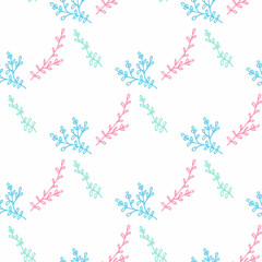 Seamless pattern with pink and blue branches on white background. Vector image.