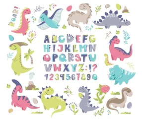  Vector set for printing on baby clothes. Dinosaurs, letters, numbers, volcano, carnivorous plants, flowers, twigs, alphabet stylized as dinosaurs. Bright letters and monsters. © Alena