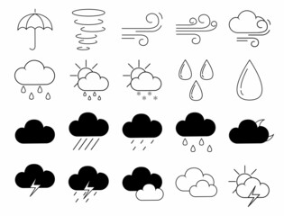 Weather icons set in line style, Weather isolated on white background. Clouds logo,Clouds, rain with clouds, rain with lightning, wind, hurricane, sun and thunderstorm and sign, vector illustration