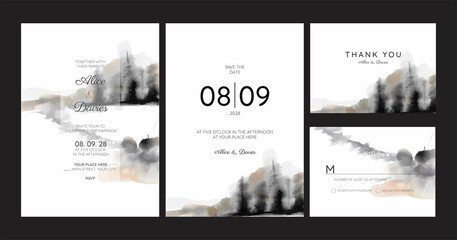 wedding invitation with winter landscape theme, watercolor technique