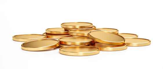 Stack of gold coin currency market financial or investment money banking treasure wealth cash and golden dollar pile isolated on white economy background with business earnings profit sign. 3D render.
