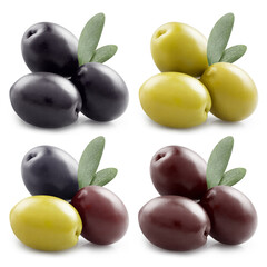 Delicious olives collection, isolated on white background