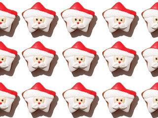 Christmas cookie pattern. White seamless background. Winter holidays dessert ornament. Gingerbread biscuit collection creative arrangement isolated on light.