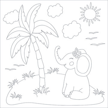 The baby elephant sits under a palm tree. Tropic savannah. Black and white vector image. Cartoon style. Coloring. 