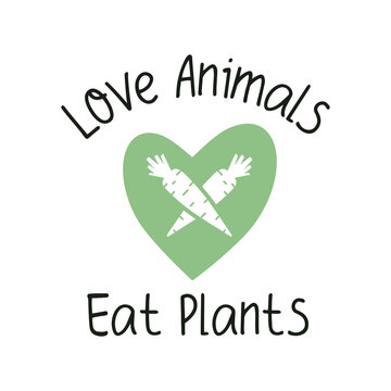 Love Animals Eat Plants. Vegan Emblem template. Green heart logo design. Vegetarian label. Stock illustration