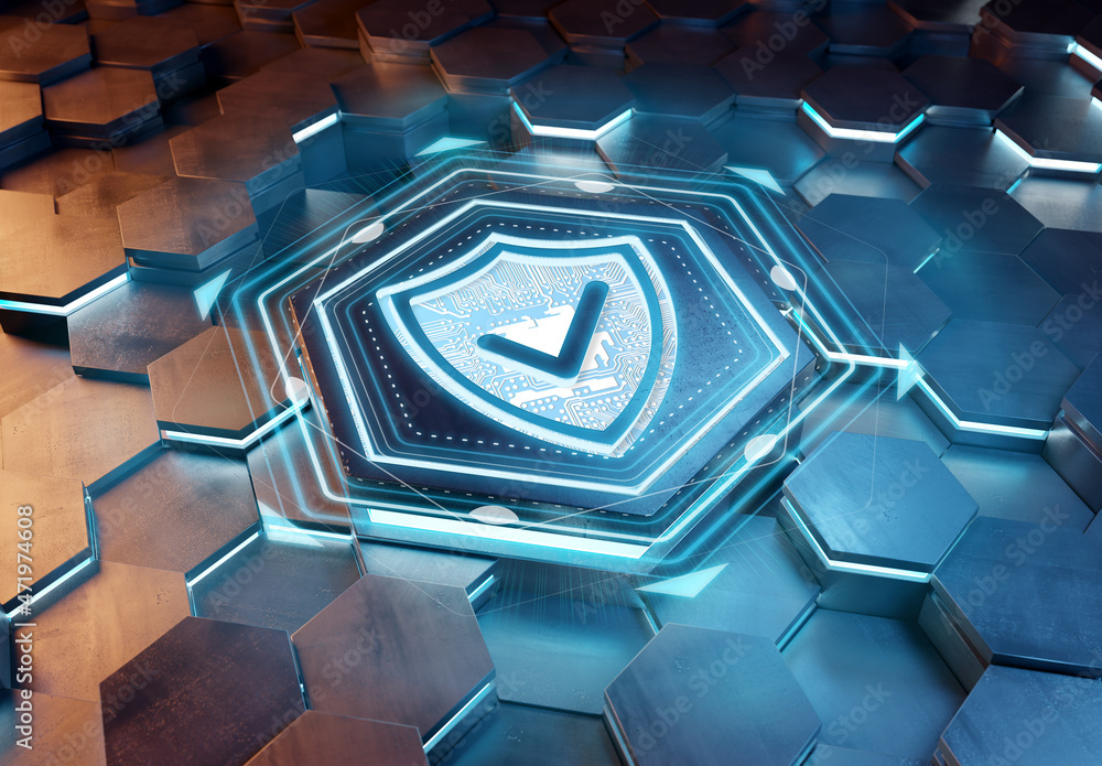 Poster shield icon concept engraved on metal hexagonal pedestral background. security logo glowing on abstr