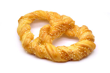 Cretzel isolated on white background. Cretzel is a  pretzel-croissant hybrid that combining the perfect chewy bite of a pretzel with the luxurious buttery, flaky pastry of a croissant