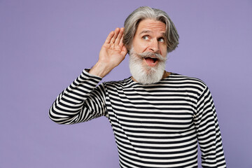 Elderly gray-haired mustache bearded man 50s wearing striped turtleneck try to hear you overhear...